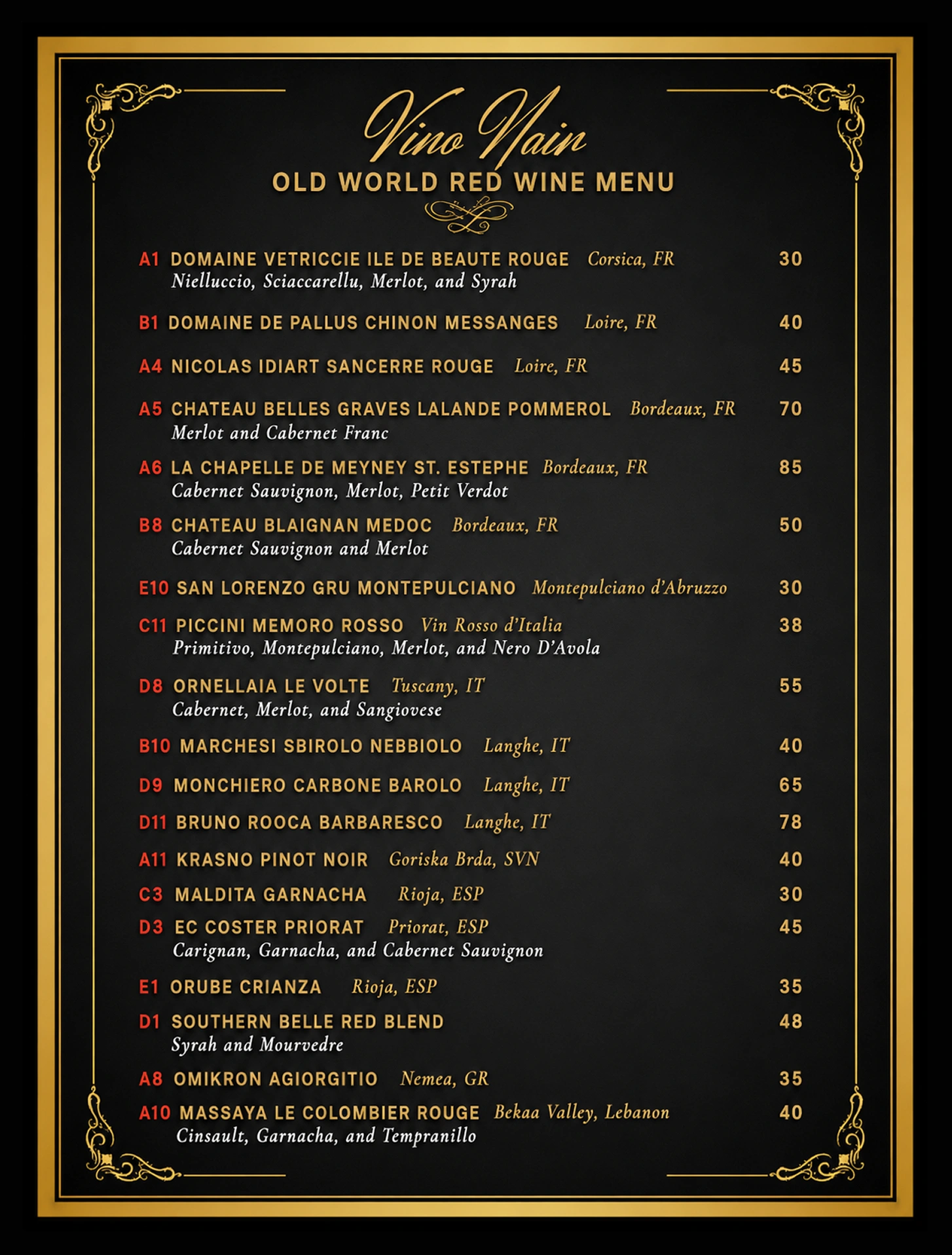 Old World Red Wine Menu at Vino Noir Wine & Tapas