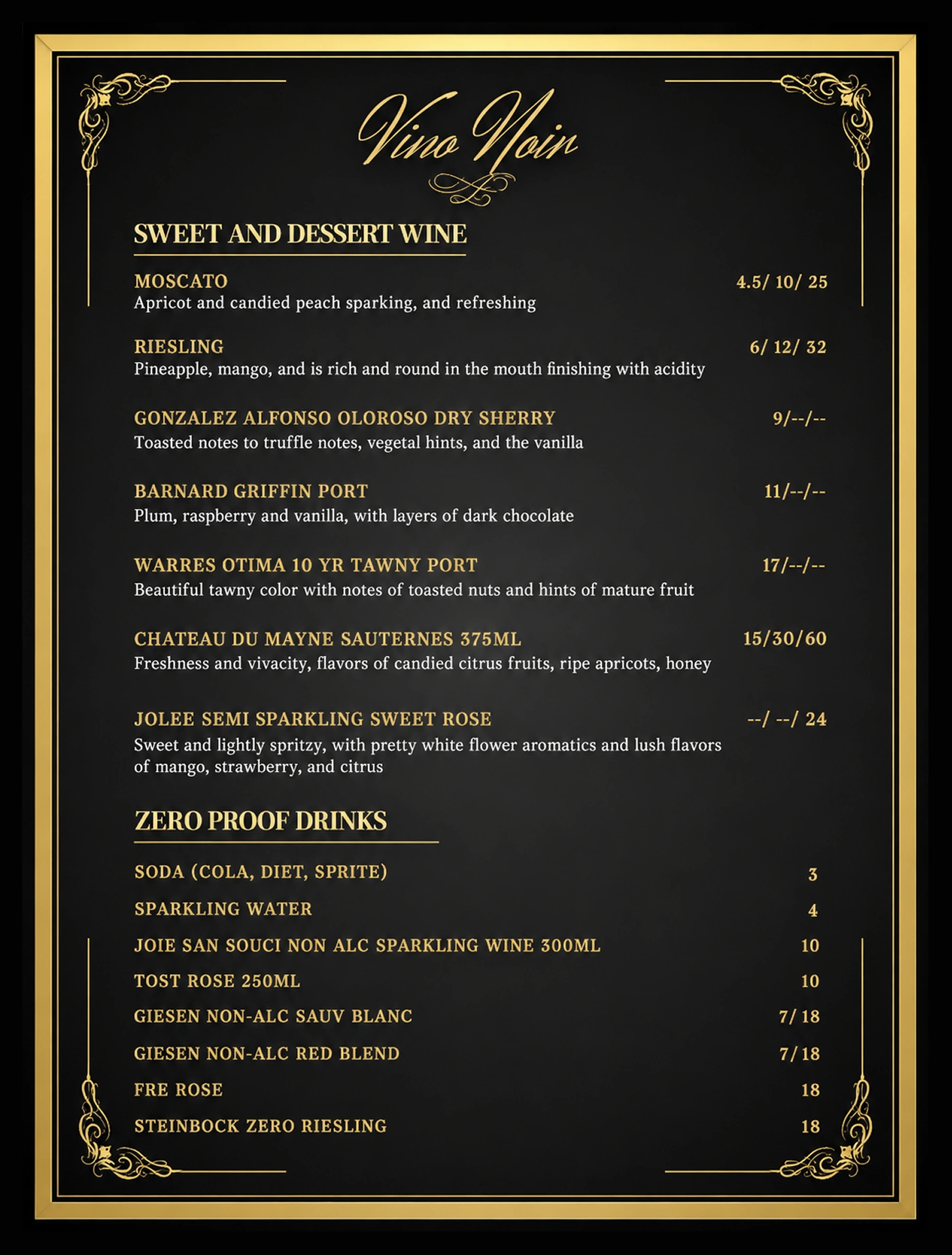 Sweet and Dessert Menu at Vino Noir Wine & Tapas