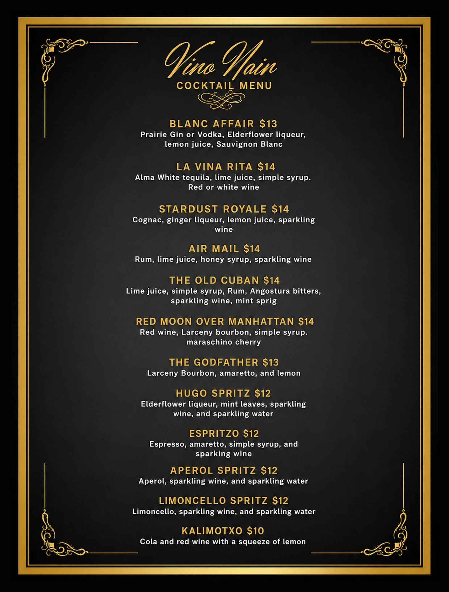 Vino Noir Wine & Tapas Cocktail Menu