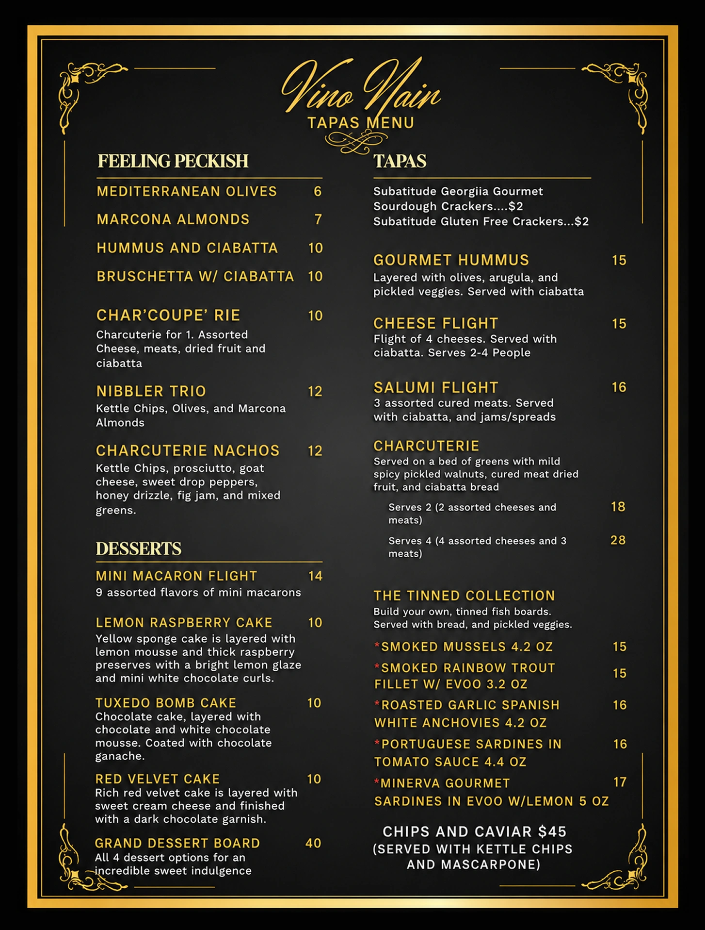 Tapas Menu at Vino Noir Wine & Tapas