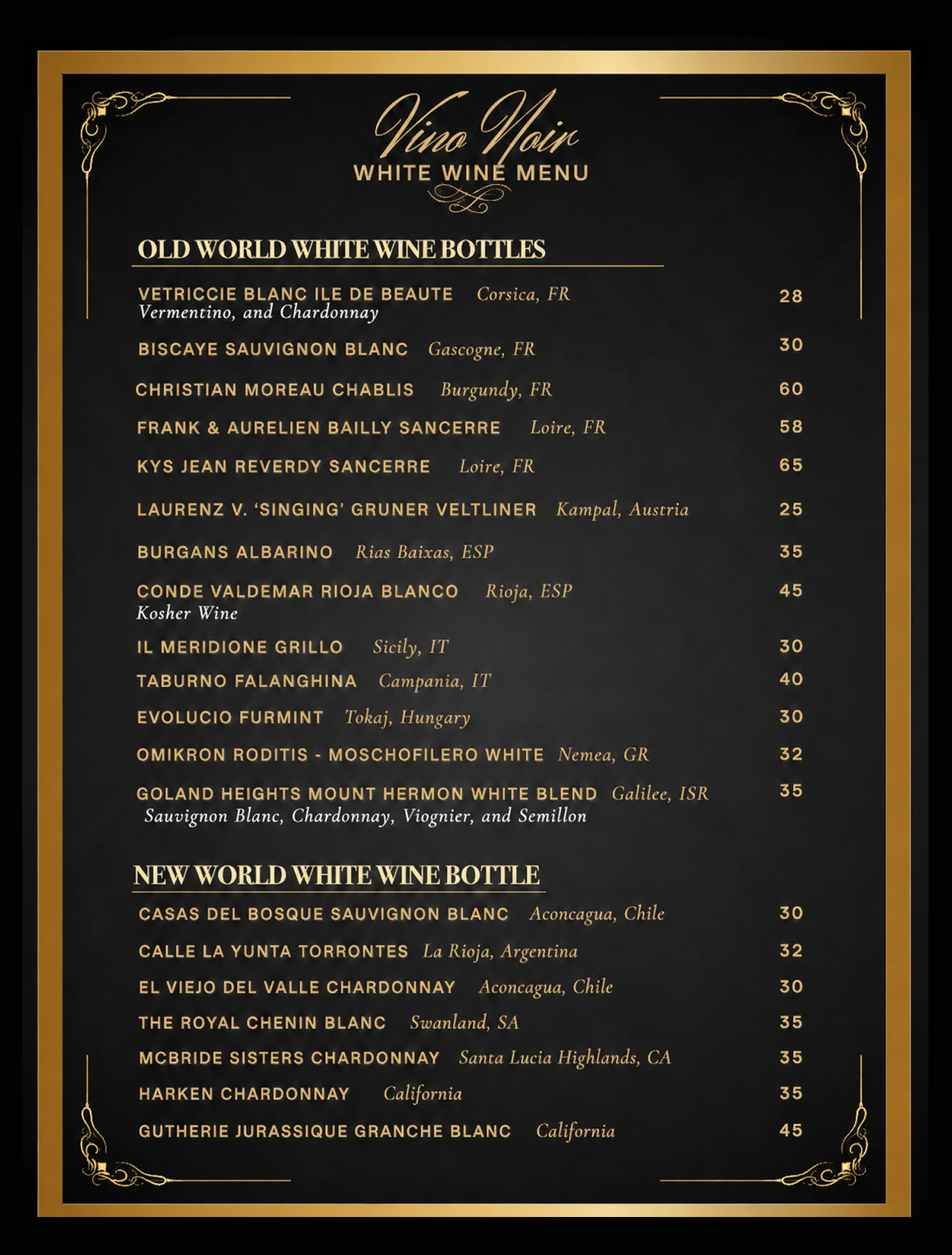 Vino Noir Wine & Tapas White Wine Menu